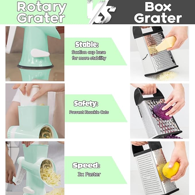 Cheese Grater MultiFunction Rotary Cheese Grater Hand Crank – Cheese Shredder Effortlessly Shred,Slice,Chop.Applicable to Cheese, Vegetables,Fruits,Nuts,Non-Slip Suction Base,Easy to Clean (green)