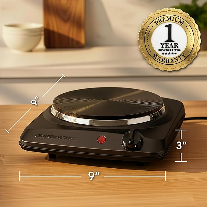 OVENTE Electric Countertop Single Burner, 1000W Cooktop with 7.25 Inch Cast Iron Hot Plate, 5 Level Temperature Control, Compact Cooking Stove and Easy to Clean Stainless Steel Base, Black BGS101B