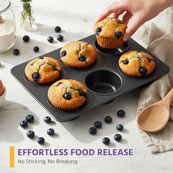 E-far Non-stick Muffin Pan Set of 2, 6-Cup Muffin Cupcake Pan Tin for Oven Baking, Easy Release & Clean, Regular Size - 11.44 x 7.12 x 1.25 Inch