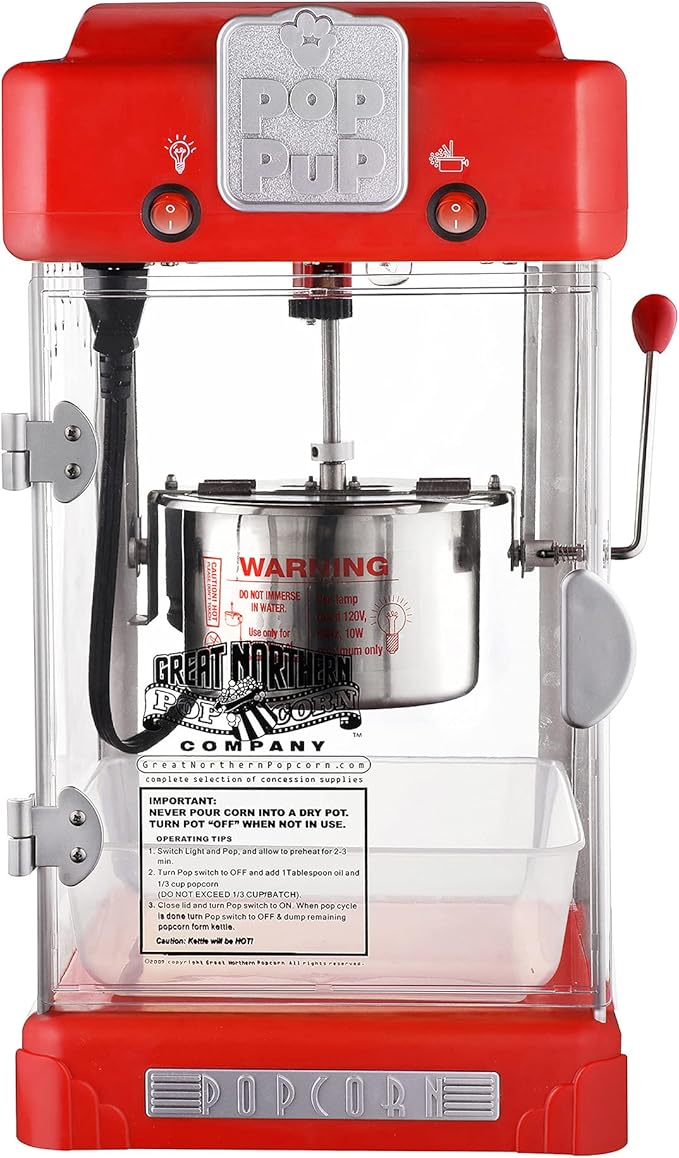 Pop Pup Popcorn Machine - 2.5oz Popper with Stainless-Steel Kettle, Serving Tray, Warming Light and Accessories by Great Northern Popcorn (Red)
