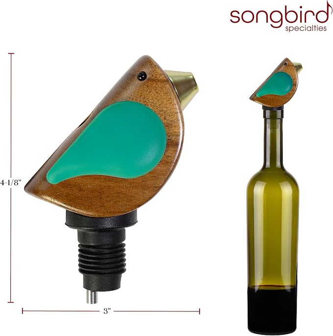 Songbird Specialties Wine Bottle Pourer, Fun Wine Pourer Spout Sings While It Pours, Airtight Wine Bottle Sealer, Acacia Wood with Turquoise Wings