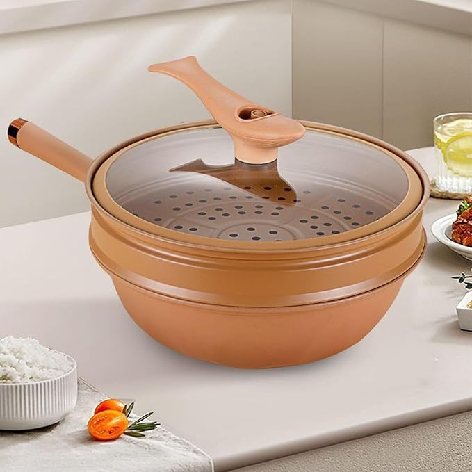 awakentti Light weight Cast Iron Wok, Iron Wok With Lid, Nonstick Wok, Steaming And Cooking All In 1 Frying Wok Flat Bottom for Induction, Electric, Gas, Halogen, All Stoves