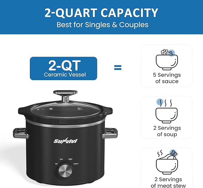 SUNVIVIPRO Small Slow Cooker with Removable Ceramic Pot, Food Warmer with 3 Heating Settings & Dishwasher Safe Glass Lid, Black