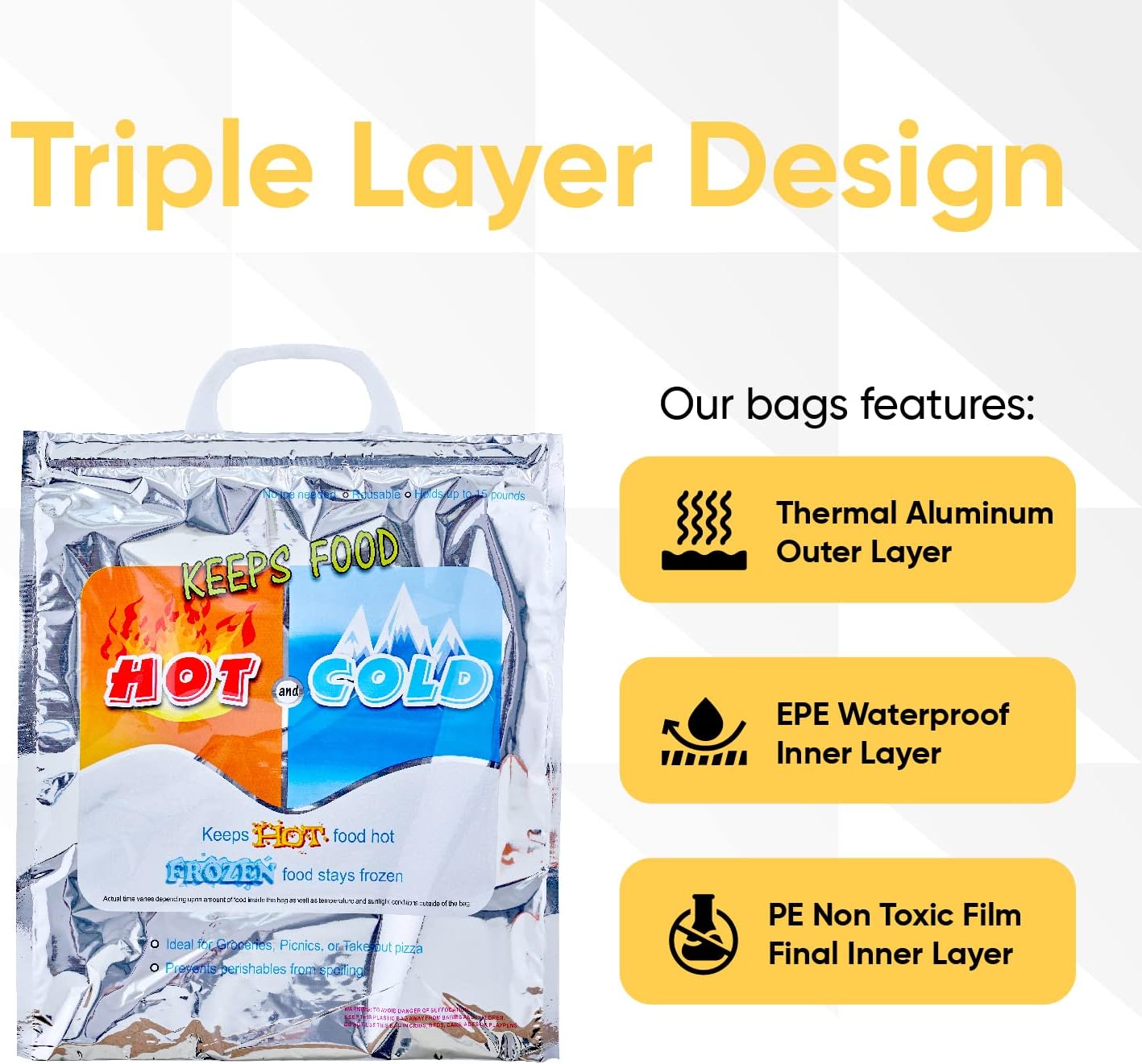 Superio Hot and Cold Reusable Insulated Bag- 12 Pack (16"x5.5"x19") Food Storage for Frozen Items & Hot Items Including Lunch Bags & Grocery Shopping Bags Reinforced Heavy Duty Refrigerated Totes…