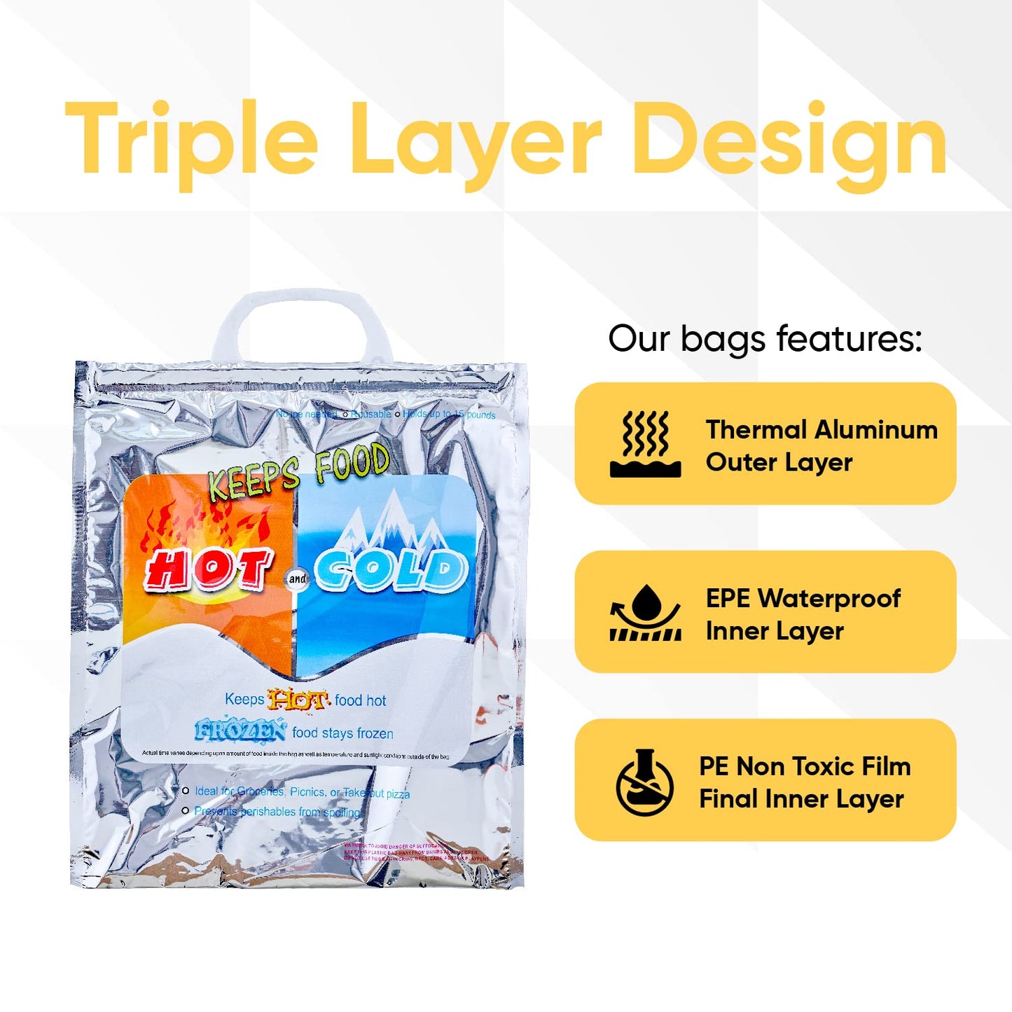 Superio Hot and Cold Insulated Bags for Food Delivery, Grocery Shopping Bags, Food Storage for Hot and Frozen Food for Travel, Disposable Cooler Bag, Reinforced Thermal Lunch Bag (5, 12"x13.5")