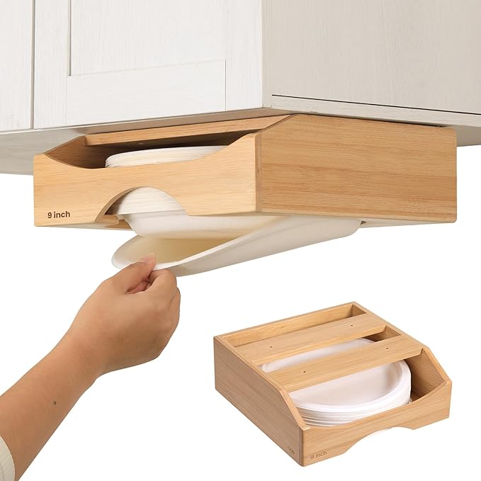 9-inch Paper Plate Dispenser Under Cabinet, Bamboo Paper Plate Holders, Kitchen Counter Vertical Plate Dispensers Holders Countertop Caddy(For 9-inch Plates, Bamboo)