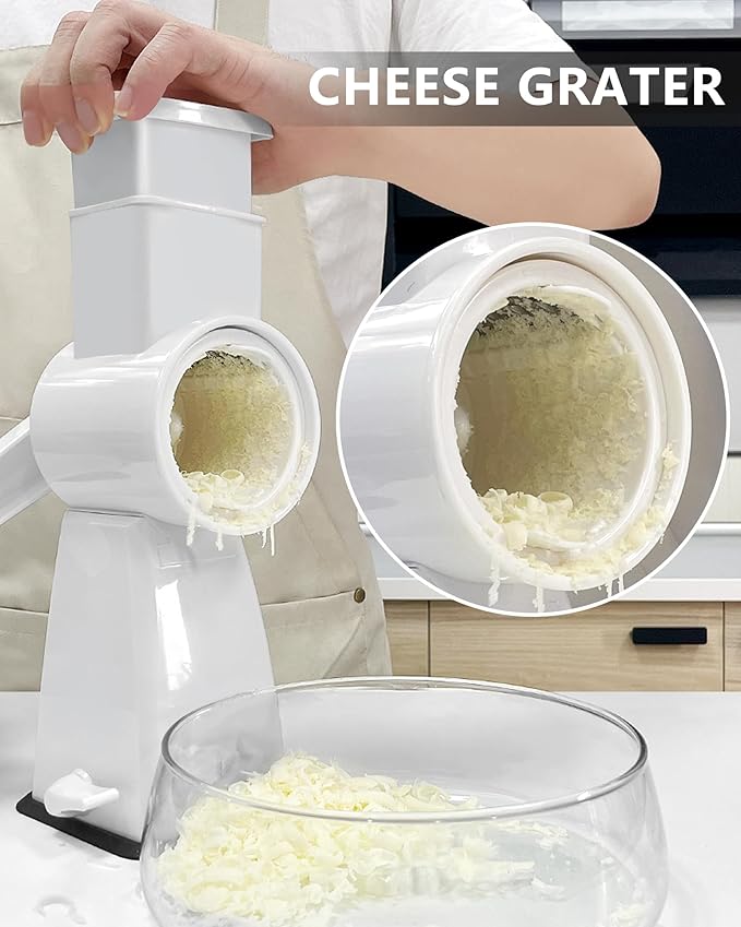 3-in-1 Rotary Cheese Grater Handheld, Lightweight Body with 3 Stainless Steel Blades & Non-Slip Suction Base, for Shredding Parmesan, Slicing Vegetables, Grating Chocolate（White）