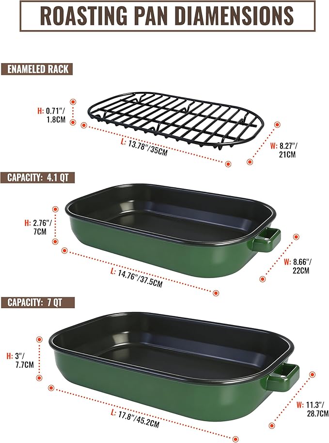 Roasting Pan with Rack & Handles 6-Piece Large 14&17 Inch Roaster Dishes, 572°F High Temperature Resistance Oven Dishwasher Safe Non-Stick Deep Lasagna Baking Pan Mother Day Gift Enamel Bakeware