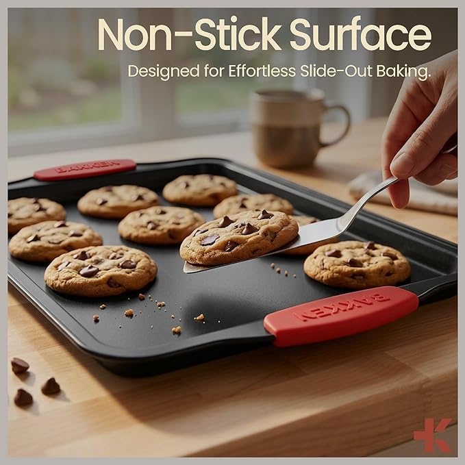 BAKKENMASTER Baking Set – 8 Piece Kitchen Oven Bakeware Set – Deluxe Non-Stick Black Coating Inside and Outside – Carbon Steel – Red Silicone Handles – PFOA PFOS and PTFE Free by Bakken