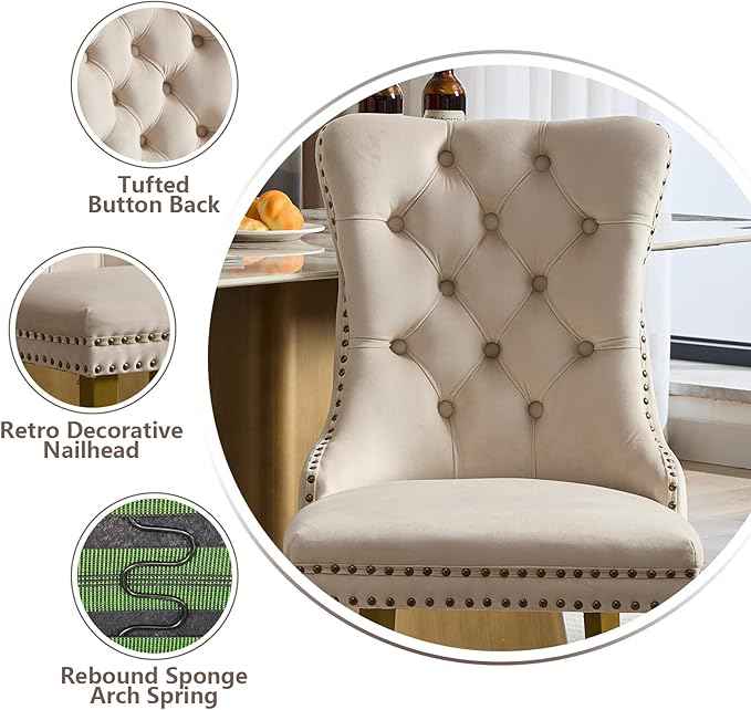 Velvet Dining Chairs Set of 6, Modern Tufted Dining Room Chair, Upholstered Dining Chairs with Lion Head Pulls Ring and Golden Solid Wood Legs, Luxury Kitchen Chairs for Dining Room, Beige