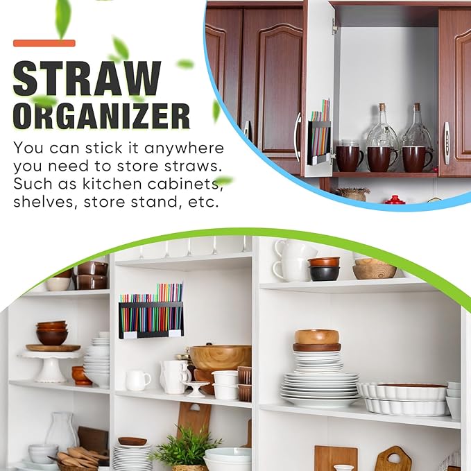 Qinyoung Acrylic Straw Holder for Cabinet Door with Double Sided Adhesive Tape Reusable Straw Organizer Tumbler Storage Kitchen Accessories Container for Counter Cupboard(Classic,Extra Large,Black)