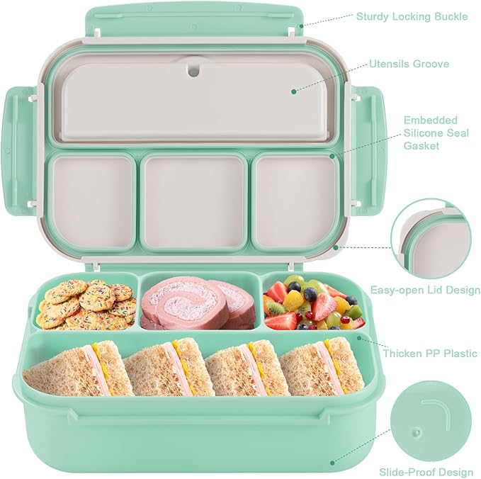 shell and turtle Bento Box Adult Lunch Box, Lunch Containers for Kids Girls Boys with 4 Compartments, Lunchable Food Container with Utensils, Sauce Jar, Muffin Liners, 40 Oz/5 Cup, Seafoam Green
