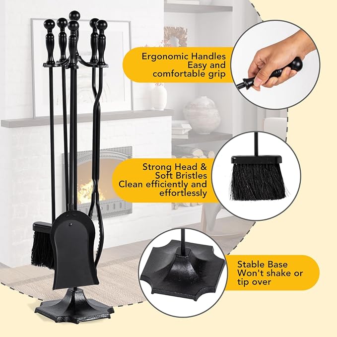 nalone 5 Pieces Fireplace Tools Set with Upgraded Tong, Heavy Duty Wrought Iron Fireplace Accessories Set with Poker, Tong, Shovel, Brush