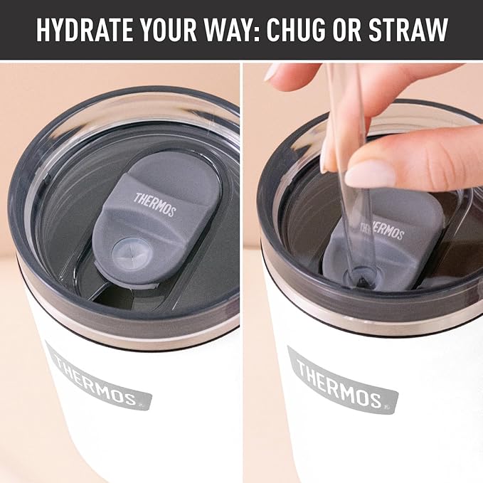 THERMOS 40 oz Stainless Steel Cupholder Mug w/Straw - White