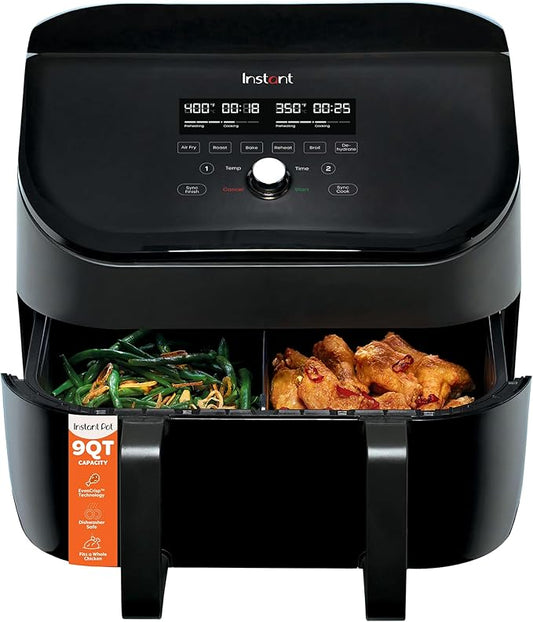 Instant Pot VersaZone 9QT Air Fryer,8-in-1 Functions with EvenCrisp Technology, Crisps,Broils, Bakes,Roasts, Dehydrates,Reheats at Same or Different Temperature, from the Makers of Instant Pot, Black