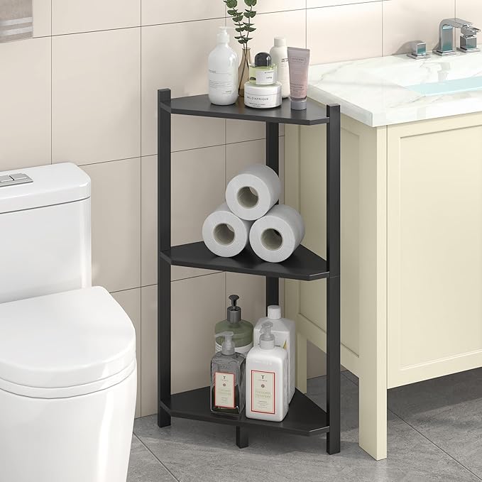 Wisuce Corner Shelf, 100% Real Bamboo Shower Corner Shelves Free Standing Shelf Storage Organizer for Bathroom Living Room Kitchen (Black, 3 Tier)