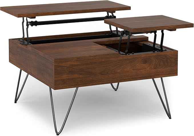 SIMPLIHOME Hunter Lift Top Coffee Table - 32 inch Wide Walnut Veneer and Metal Industrial Square Cocktail Table, Living Room Table with Dual Lift Tops, Hidden Storage and Hairpin Legs