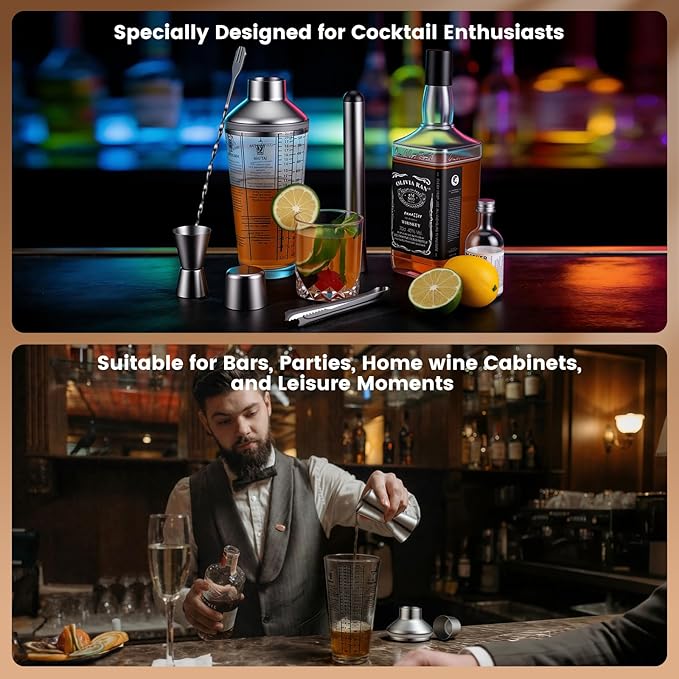 3 Pack Glass Cocktail Shaker Set, 23oz Bartender Kit with Built-in Strainer, Ice Tongs, Measuring Jigger, Muddler & Mixing Spoon, Professional Bar Tools for Home Bartending & Mixology