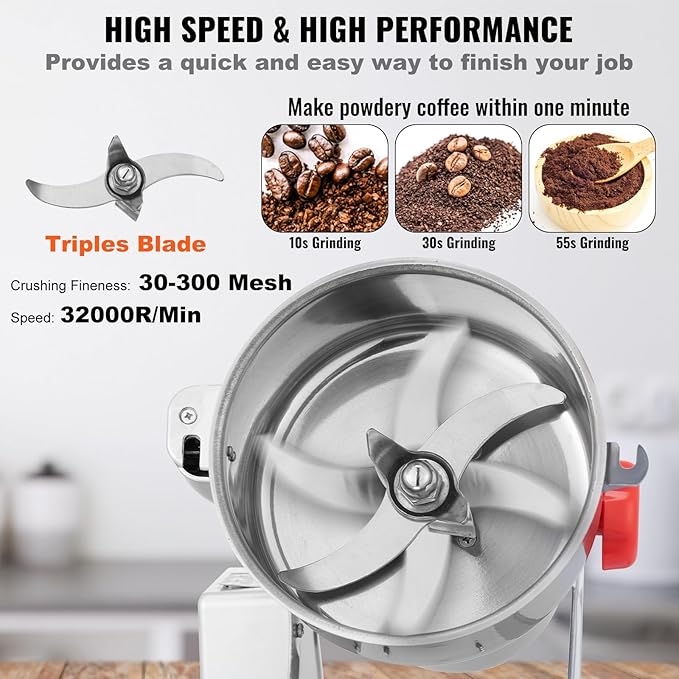 VEVOR 2000g Electric Grain Mill Grinder, High Speed 3400W Commercial Spice Grinders, Stainless Steel Pulverizer Powder Machine, for Dry Grains Spices Cereals Coffee Corn Pepper, Swing Type