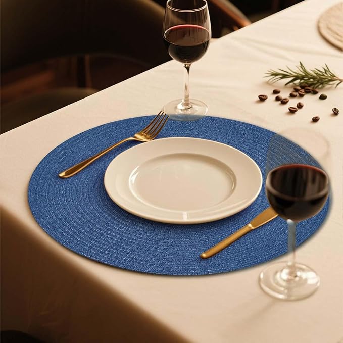 FunWheat Round Braided Placemats Set of 6 Place mats for Dining Tables Woven Heat Resistant Table Mats 15 inch (Blue,6pcs)