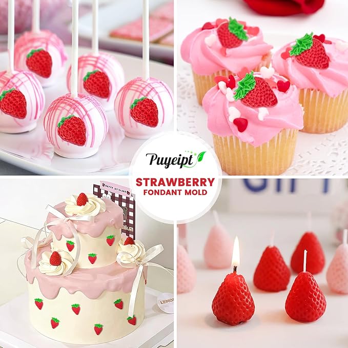 Puyeipt 4 Pcs Strawberry Silicone Molds, 3D Strawberry Fondant Molds for Chocolates, Candies, Cake Decorations, Cupcake Toppers, Desserts