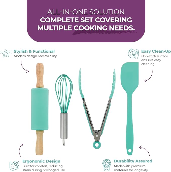 Tovla Jr. Kids Cooking Utensils Set - 4-Piece Kids Kitchen Tools - Safe Baking Set - Food Grade Toddler Chef Supplies - Gender Neutral Silicone Cookware Kit with Spatula Whisk Tongs Rolling Pin