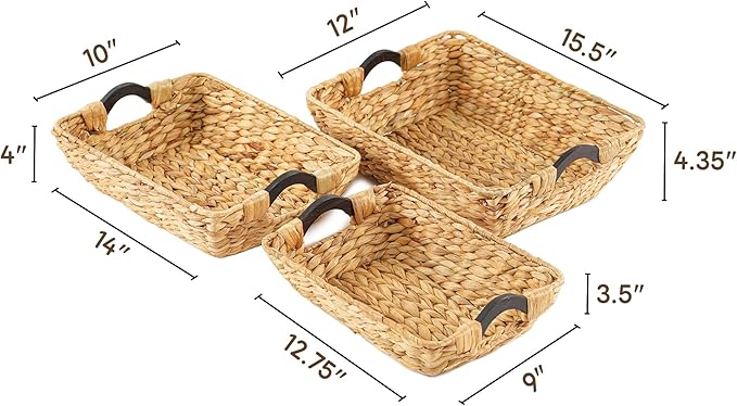 Greenatural Water Hyacinth Storage Baskets Set of 3, Handwoven Rectangular Organizer with Wooden Handles, 3 Different Sizes, Nested Wicker Baskets for Shelf, Bathroom, Kitchen, Office, Natural Decor