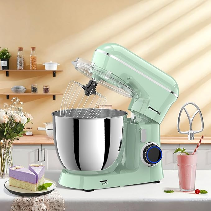 Honinst Stand Mixer, 6.5QT 10-Speed Tilt-Head Electric Stand Mixer, 3-In-1 Kitchen Mixer with Bowl, Dough Hook, Whisk and Beater, Food Mixer for Baking, Cake and Most Home Cooks, Light Green
