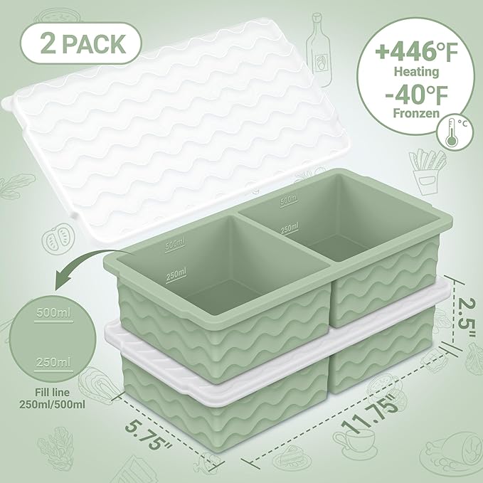 Aopigavi Silicone Freezer Tray with Lid – 2-Cup Soup Freezer Container Molds, Large Ice Cube Trays for Freezing Soup, Sauce & Broth, Meal Prep & Food Storage – Oven & Dishwasher Safe, 2-Pack