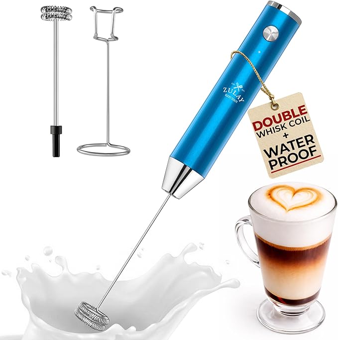 Zulay Kitchen Rechargeable Milk Frother Handheld Lux - Powerful 2-Speed Motor, Waterproof, 2000mAh Battery - Drink Mixer for Latte, Cappuccino, Matcha & Protein Powder - Metallic Blue