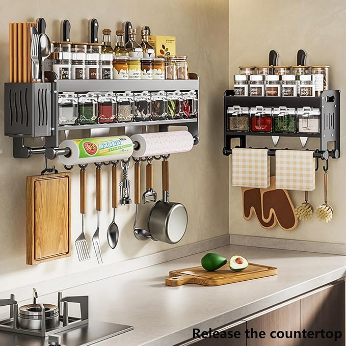 Hanging Wall Mount knife Wall Mount,Condiment Cup, Space-Saving Knife Rack with Hooks, Kitchen Organizer Storage Shelf for Utensils Spatula Spoon, Kitchen Utensil Hanger (Grey, 40cm+5Cups+8Hooks)