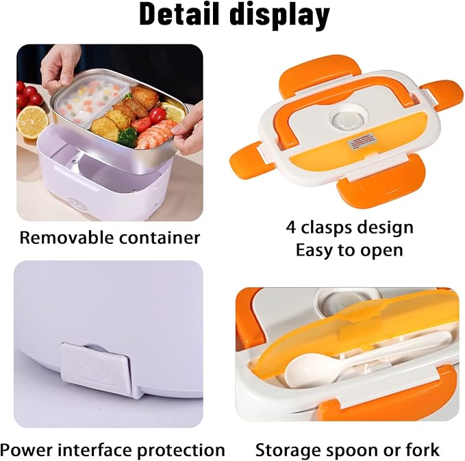 Electric Lunch Box 2 In 1 Food Heater 12V 24V 110V Portable Food Warmer for Car and Home Removable Stainless Steel Heated Bento Box (Orange)