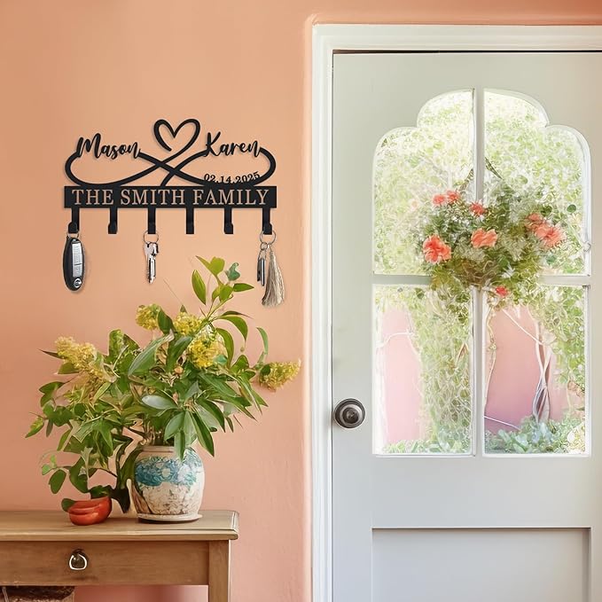 Personalized Metal Key Holder for Wall, Custom Infinity Heart Key Rack with Hooks, Wall Mounted Key and Coat Organizer for Entryway Bedroom, Housewarming & Wedding Gift (Design9)