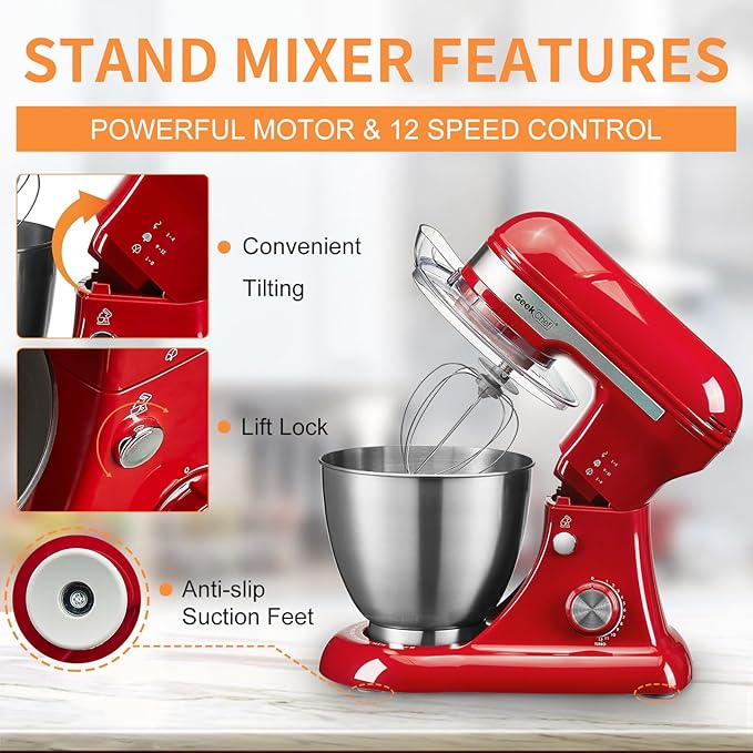 Geek Chef Electric Stand Mixer, 4.8QT 12 Speeds Tilt-head Food Mixer with Dough Hook, Whisk, Beater, Bowl, Rotary Knob for Home Kitchen Use, Bright Red