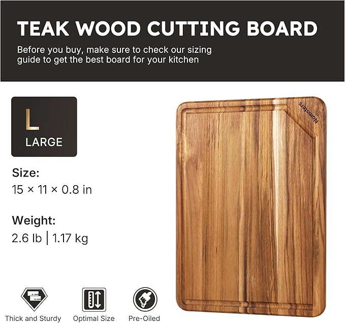 15'' Teak Wood Cutting Board for Kitchen Non Slip Over Sink Charcuterie Board Serving Heavy Duty Non Toxic Wooden Chopping Board Thick Haus Organic Edge Grain Wood Long-Lasting Use