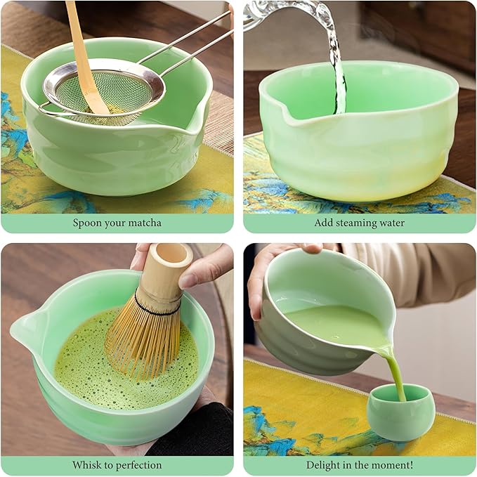 9 Pcs Matcha Whisk Set 18OZ Japanese Matcha Tea Set Includes Matcha Bowl with Spout,Cups,Bamboo Whisk,Ceramic Chasen Holder,Tea Towel, Bamboo Scoop and Sifter Matcha Kit Gift for Ceremony Christmas