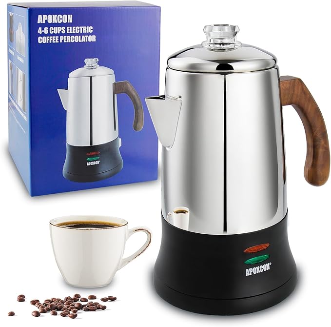 APOXCON Electric Coffee Percolator Stainless Steel Coffee Maker with Tough Glass Clear Brew Progress Knob & On/OFF Switch Keep Warm Cordless Serve for Home and Hotel Room Use Gift Box Packaging 6 Cup