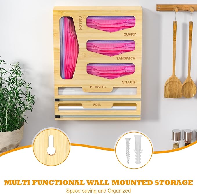 DALSHABET Bamboo Bag Organizer with Magnetic Closure, 6 In 1 Kitchen Drawer Foil and Plastic Wrap Dispenser with Cutter, Storage bag for Gallon, Quart, Sandwich, Snack Beige