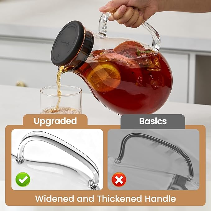 Glass Pitcher with Lid, 68 oz(1/2 Gallon), Hot/Cold Glass Water Jug with Silicone Lid, Borosilicate Glass Carafe Wide Mouth Juice and Iced Tea Beverage Serveware (Round)