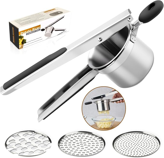 15oz Potato Ricer Heavy Duty Stainless Steel 3 Interchangeable Discs Potato Masher Spaetzle Maker with Silicone Handle, Ricer Kitchen Tool Perfect Ricer for Mashed Potatoes for Kitchen
