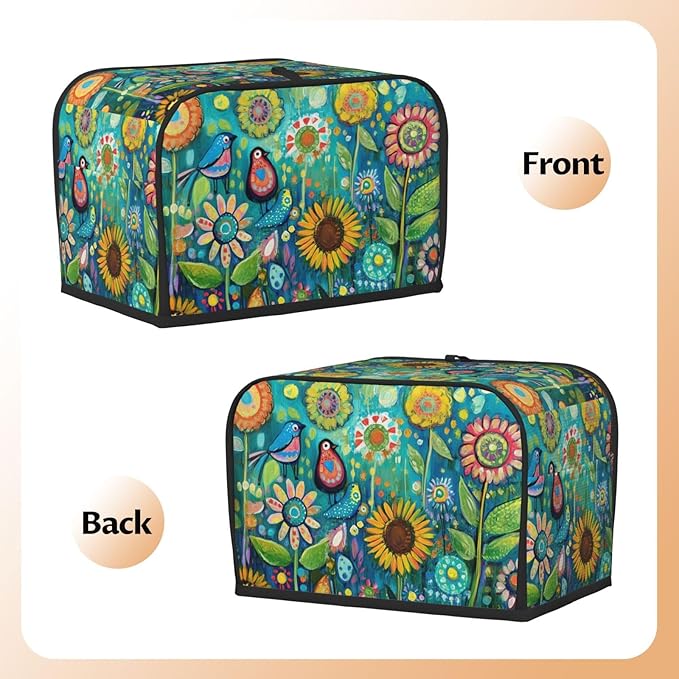 Folk Art Birds Flower Toaster Cover 2 Slice, Cute Country Bread Machine Cover, Washable Toaster Kitchen Small Appliance Cover Stain Resistant,with Top Handle