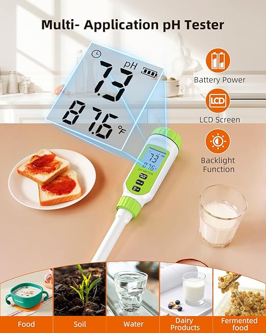 Tadeto Multifunctional Digital pH Meter for Food, High Precision Garden Soil pH Test Kit with LCD ℃/℉ Display for Plant/Solution, Water and Food pH Tester for Meat, Bread, Cheese,Water, Pool
