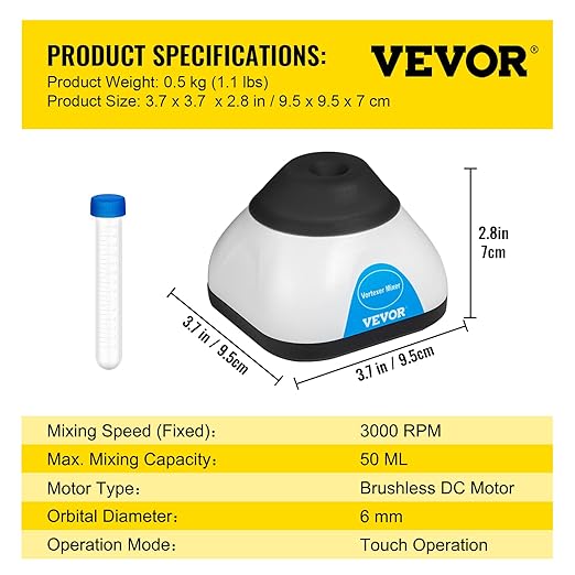 VEVOR Vortex Mixer, 3000RPM Mini Vortex Mixer Shaker, Touch Function Scientific Lab Vortex Shaker, Mix Up to 50ML, 6mm Orbital Diameter for Test Tube, Nail Polish, Eyelash Adhesives, Paint