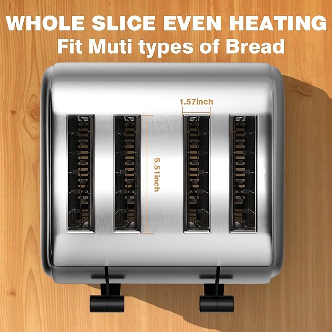 PYY Commercial Toaster 4 Slices - 225 Slices/Hour Stainless Steel Silver Bread Toaster, 1800W with 6 Speed Level, Dual Controls and Removable Crumb Tray, for Family and Commercial