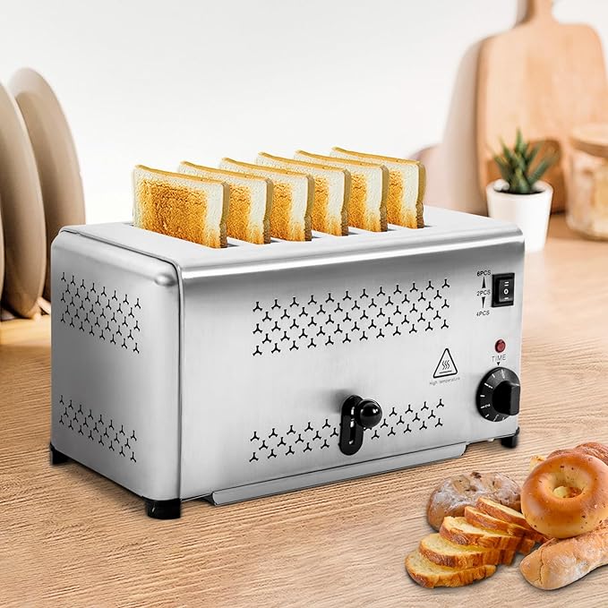 Stainless Steel 6 Slice Toaster, Electric Bread Baking Machine Commercial Toaster with Crumb Tray and Timer Bread Toasters for Home Kitchen Restaurant Bakery (3 Modes/1650W)