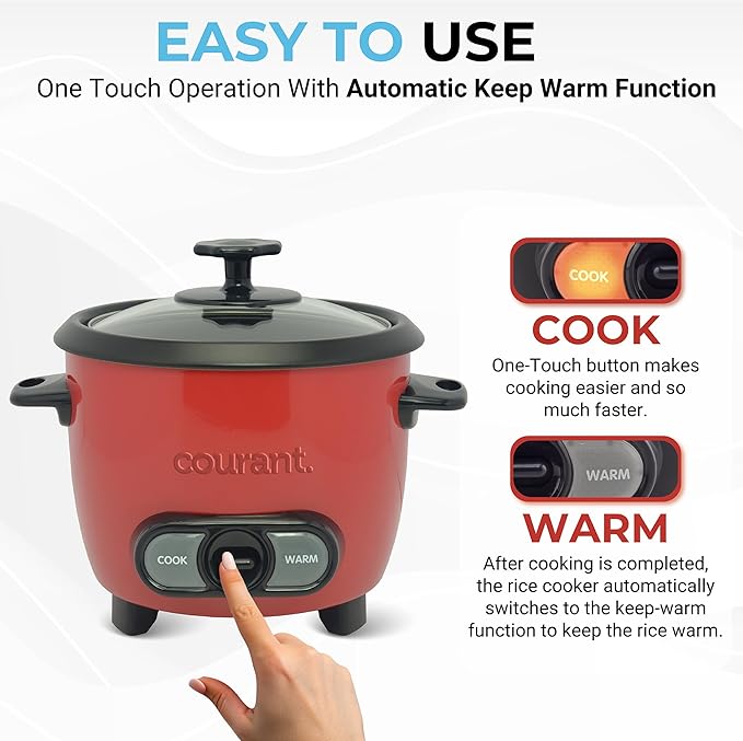 Courant Rice Cooker 8-Cup (Cooked), Removable Non-Stick Bowl, One Touch Rice Cooker, Red