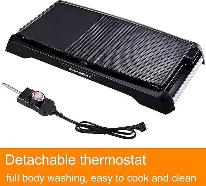 Health and Home 2-in-1 Nonstick Indoor Smokeless Electric Griddle ,21 Inch Extra Large Surface With Slide-Out Drip Tray Oil Collection ,Adjustable 5-Level Thermostat,Family Size Electric Griddle