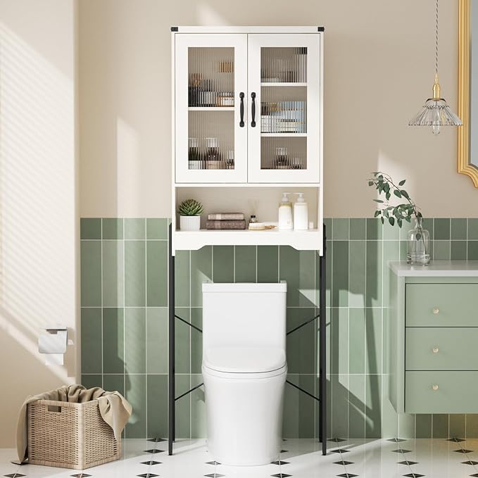Over The Toilet Storage Cabinet with Tempered Glass Doors & Adjustable Shelf, Bathroom Organizers and Storage with Metal Stand Space Saver Over Toilet Organizer, Tall Freestanding Rack, White