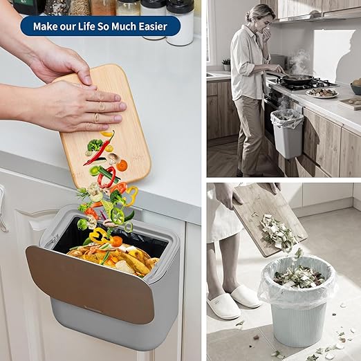 Hanging Kitchen Trash Can with Lid - 1.8 Gallon Small Compost Bin for Cabinet Door, Under Sink - Odor-Sealing Stainless Steel Top Food Waste Bin for RV, Bathroom, Office - Indoor Recycling Bin