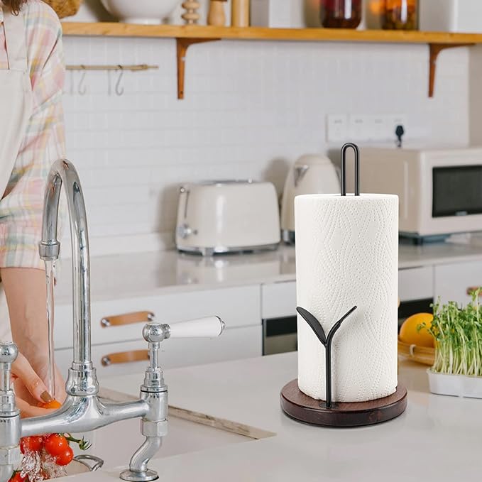 Paper Towel Holder Countertop, Wood Paper Towel Holder Stand, Easy One-Handed Tear Rustic Paper Roll Holder for Kitchen Dining Table Home Decor, High Model Easy to Install(for 11" Paper)
